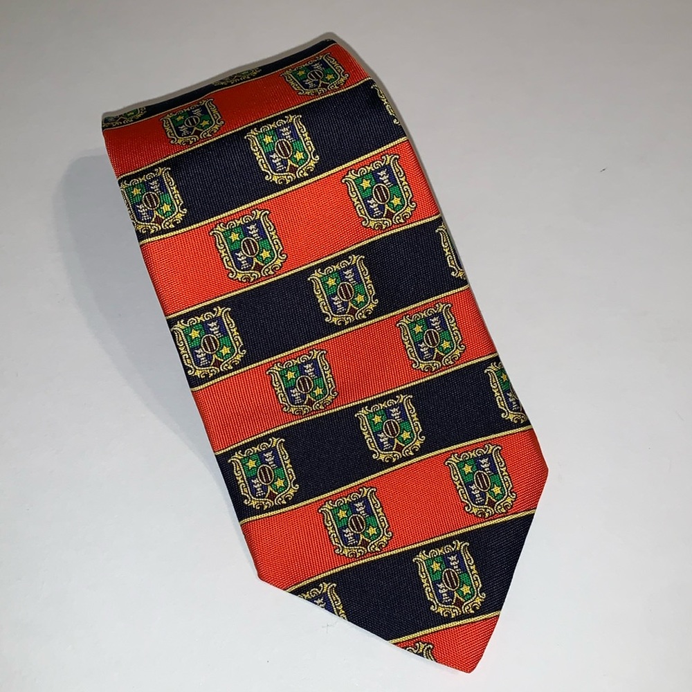 Vintage 90s Tommy Hilfiger Silk Tie Orange Navy Crest Stripe Made in USA